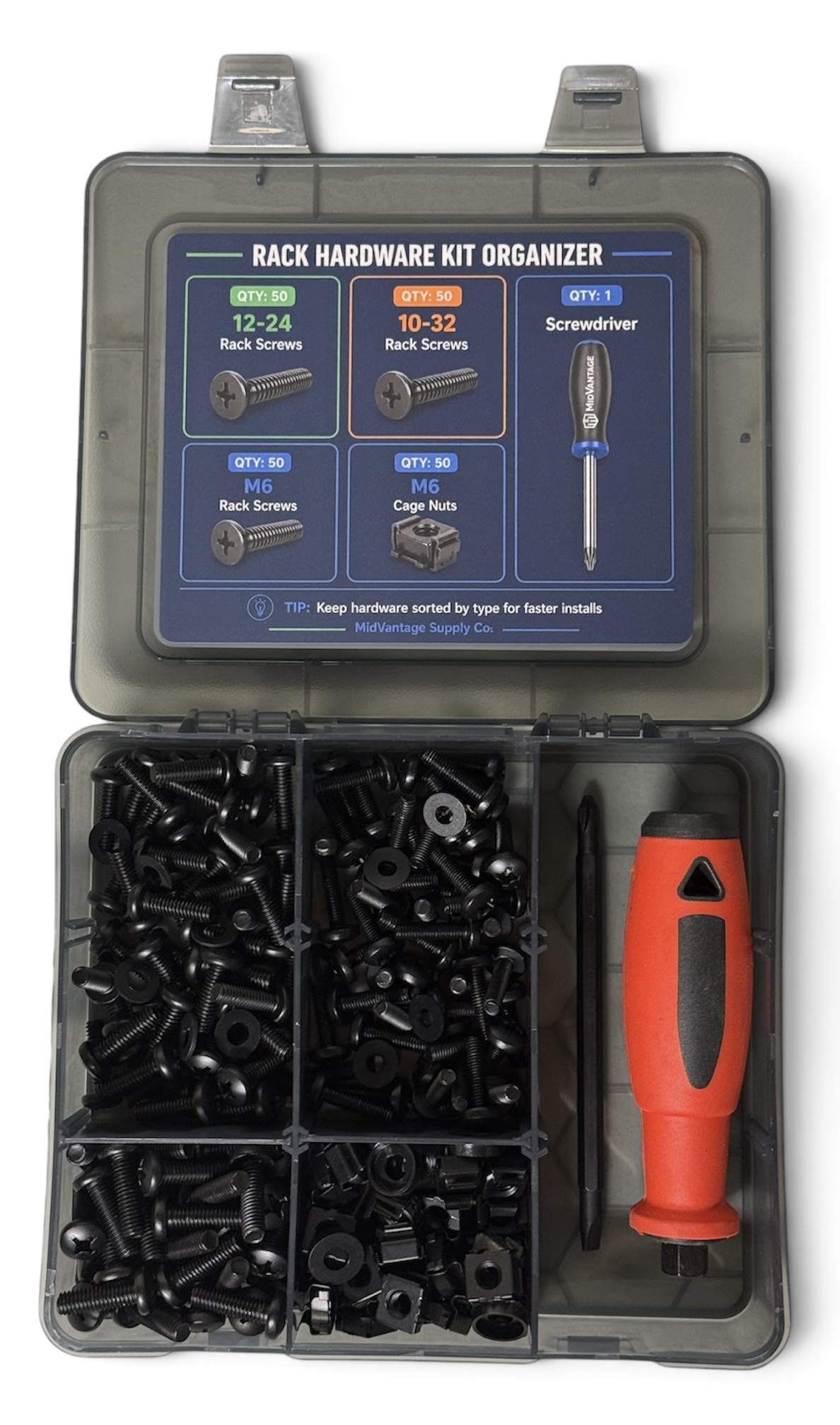 Open MidVantage Supply Co. Rack Mount Hardware Kit showing organized M6, 10-32, and 12-24 screws, washers, cage nuts, and magnetic screwdriver